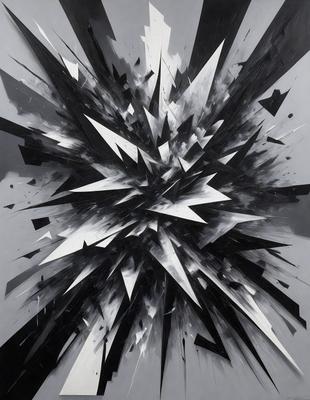 The primary subject of the image is a black and white artwork featuring a large, abstract, and geometric design. The setting is a white background, which contrasts with the artwork, emphasizing its shapes and patterns. The visual style is a combination of digital art and illustration, creating a unique and intricate design. The colors and mood of the artwork are predominantly black and white, giving it a modern and minimalist appearance.